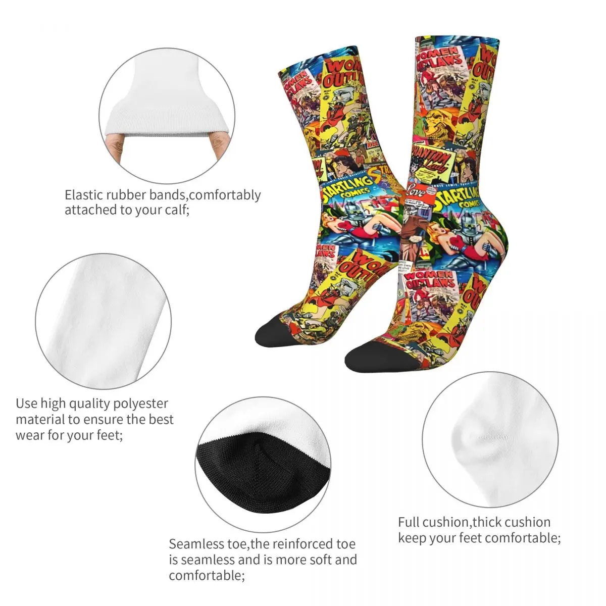 Funny Crazy Sock for Men Vintage Comic Book Collage Hip Hop Vintage Superheroes Pattern Printed Boys Crew Sock Casual Gift