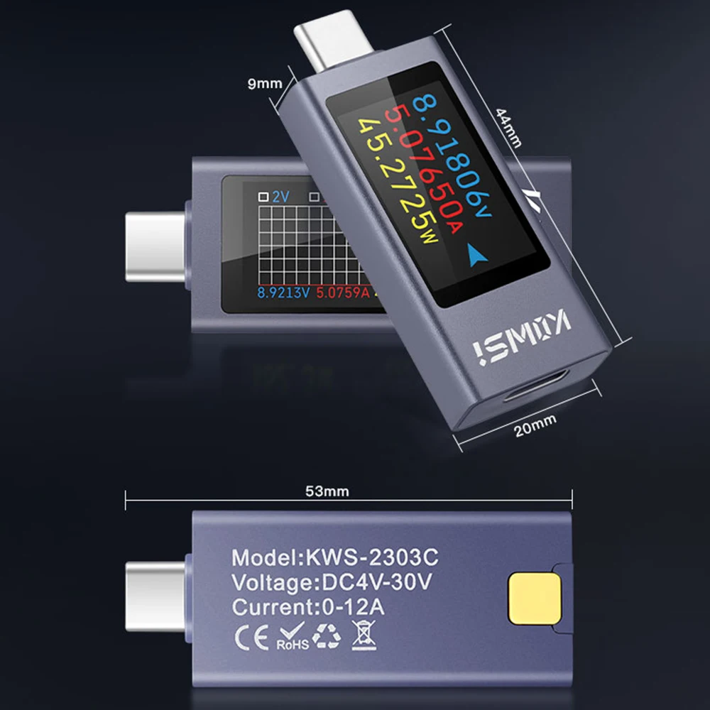 Type-c Multi-function Digital Display DC Voltage Ammeter Power Meter Cell Phone Charging Tester DC 4-30V 0-12A KWS-2301C