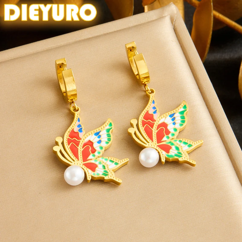 DIEYURO 316L Stainless Steel Colorful Butterfly Pearl Earrings For Women Fashion Design Sense New Current Ear Jewelry Gift Party