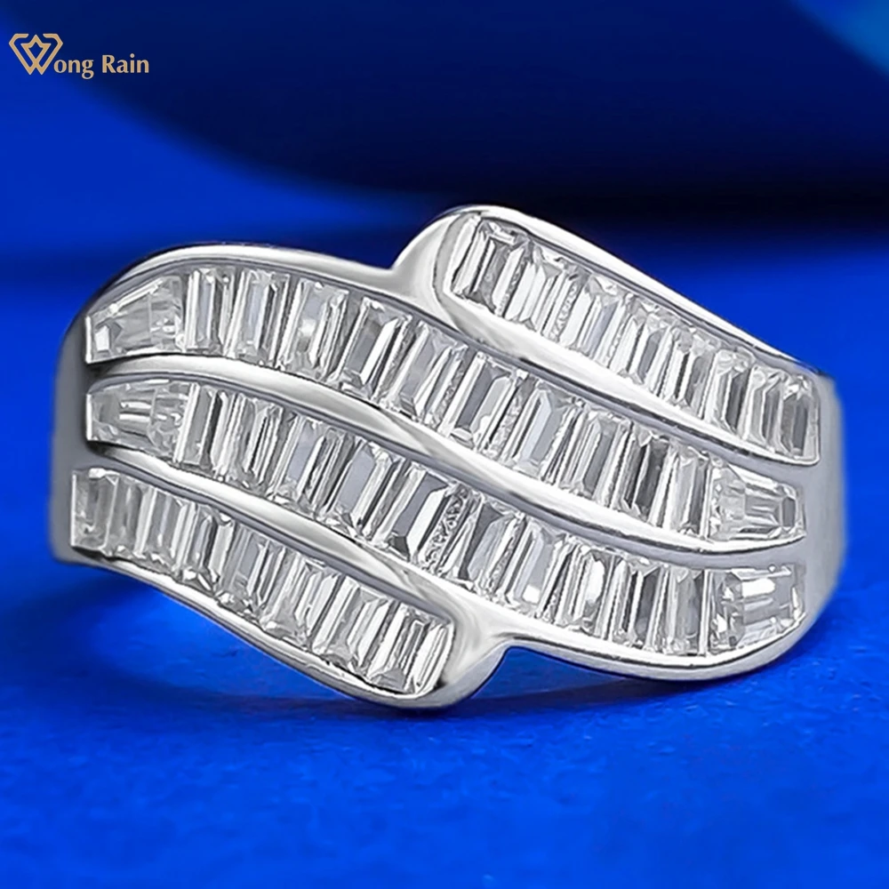 Wong Rain Personality 925 Sterling Silver Lab Sapphire High Carbon Diamond Gems Row Ring for Women Wedding Party Fine Jewelry