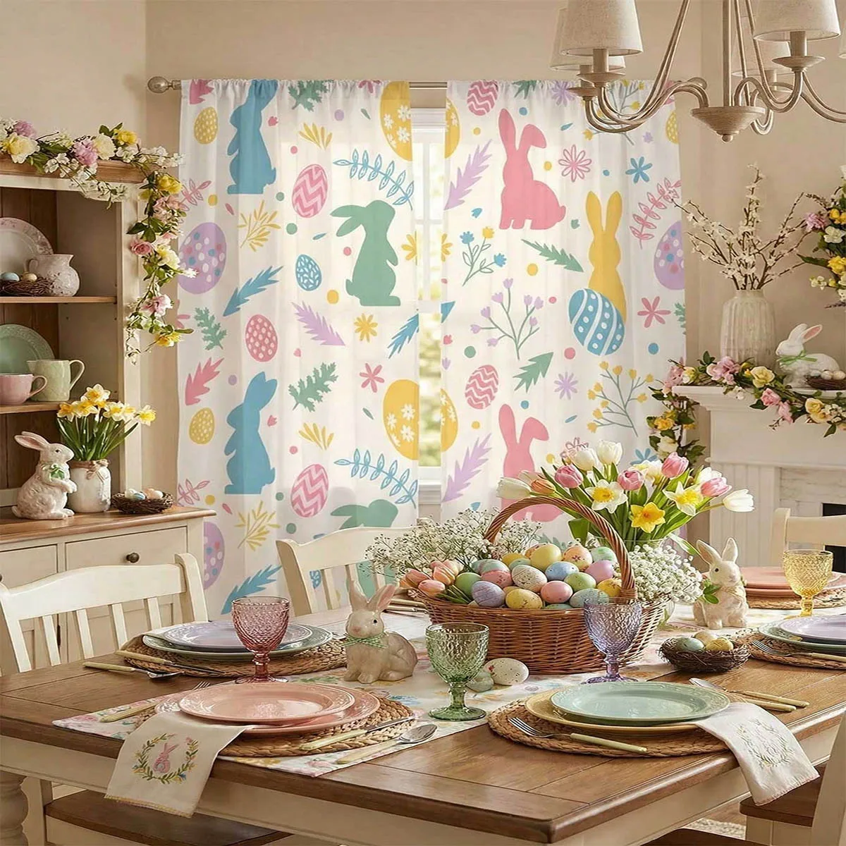 2-Piece Set, Cute Cartoon Rabbit Print Curtains, 100% Polyester, Easter Window Decorations, Children's Gift.