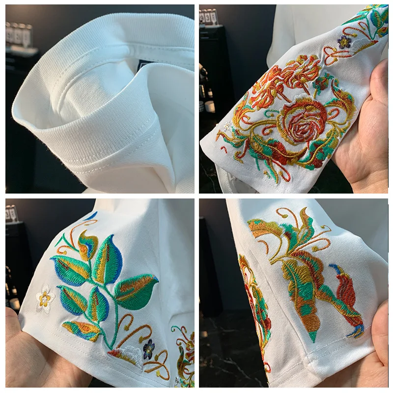 النمط الصيني التطريز الراقية الرجال الصيف تصميم شخصي عارضة أزياء العرقية نمط قصيرة الأكمام تي شيرت