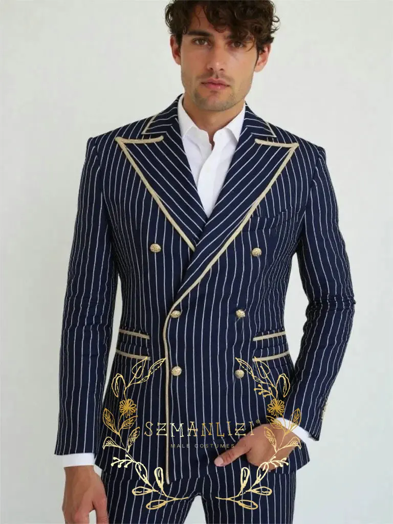 

Navy Blue Striped Men Suits Tailor-Made Peaked Lapel Double Breasted Groom Tuxedos Wedding Party Clothing (Blazer+Pants)