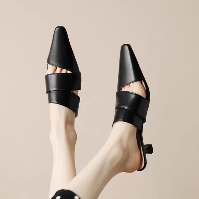 

Женские туфли-мюли с острым носком на высоком каблуке, летние дизайнерские кожаные туфли-слингбэки 2026, офисные туфли-лодочки, шлепанцы Mujer