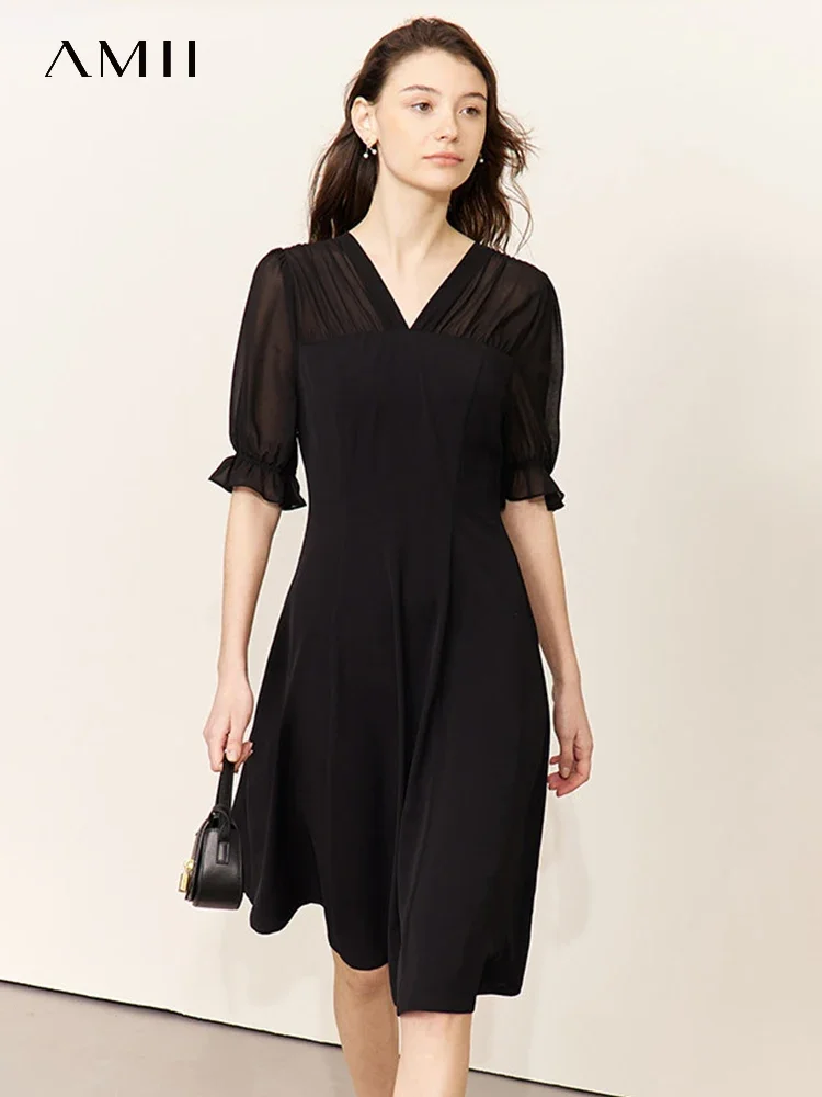 

AMII Minimalism Women's Dress V Neck Puff Sleeves Black Solid Casual Vestido Chiffon 2023 Spring New Womens Dresses 12322050