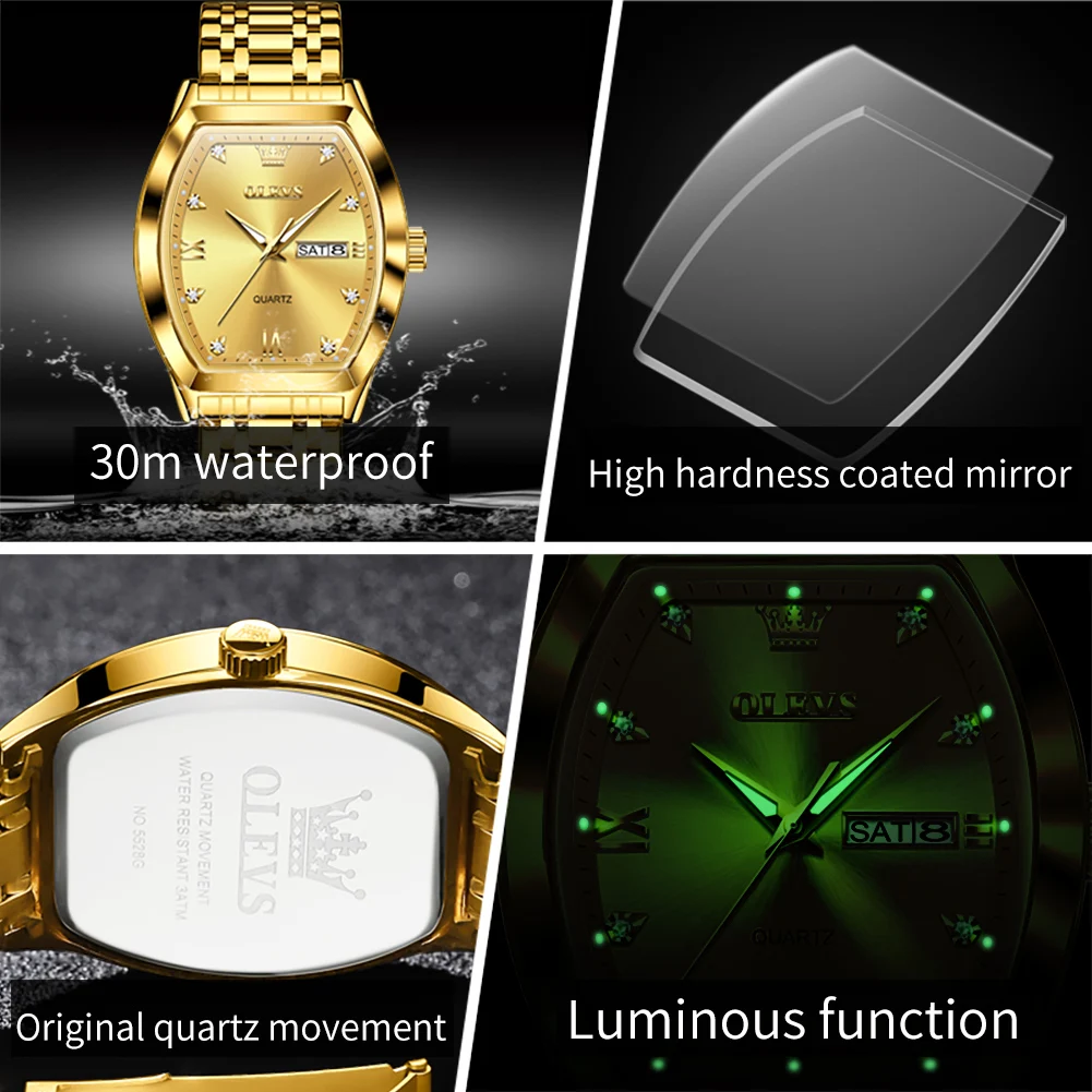 OLEVS Tonneau Dial Quartz Relógio para Homens Luxo Diamante Elegante Aço Inoxidável Impermeável Luminous TOP Marca Relógio De Pulso 5528