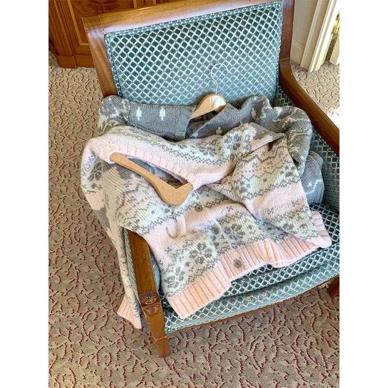 MEXZT Kawaii Roze Gebreid Vest Vrouwen Harajuku Cartoon Print Trui Outerwears Koreaanse Knitwears Winter Mode Leuke Jumpers