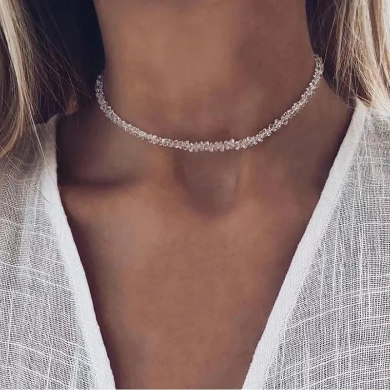 Mulit-Cut Glass Crystal Irregular Beaded Choker Necklace for Women Transparent Vintage Korean Collarbone Collar Neck Jewelry