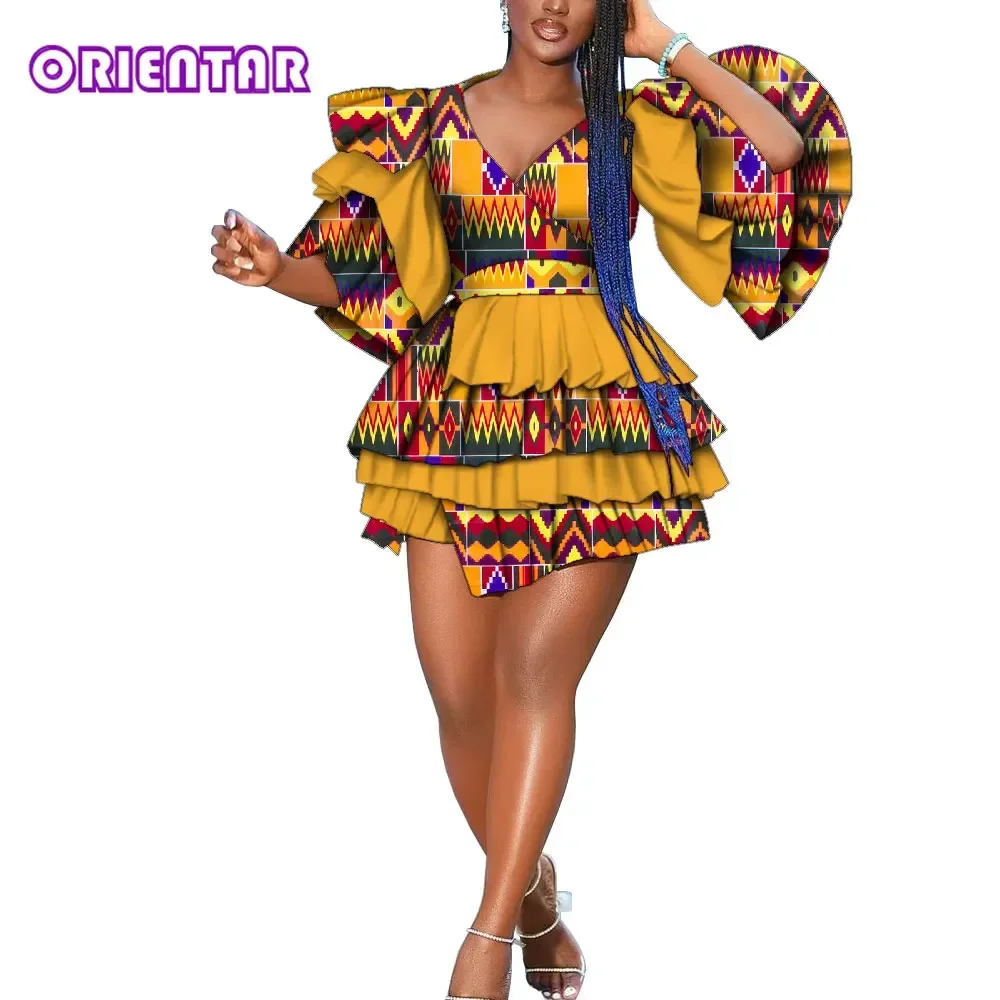 African Dresses for Women Fashion African Women Multi-layer Flare Sleeve Dress Flare Sleeve V-neck Dashiki Club Dress WY9721