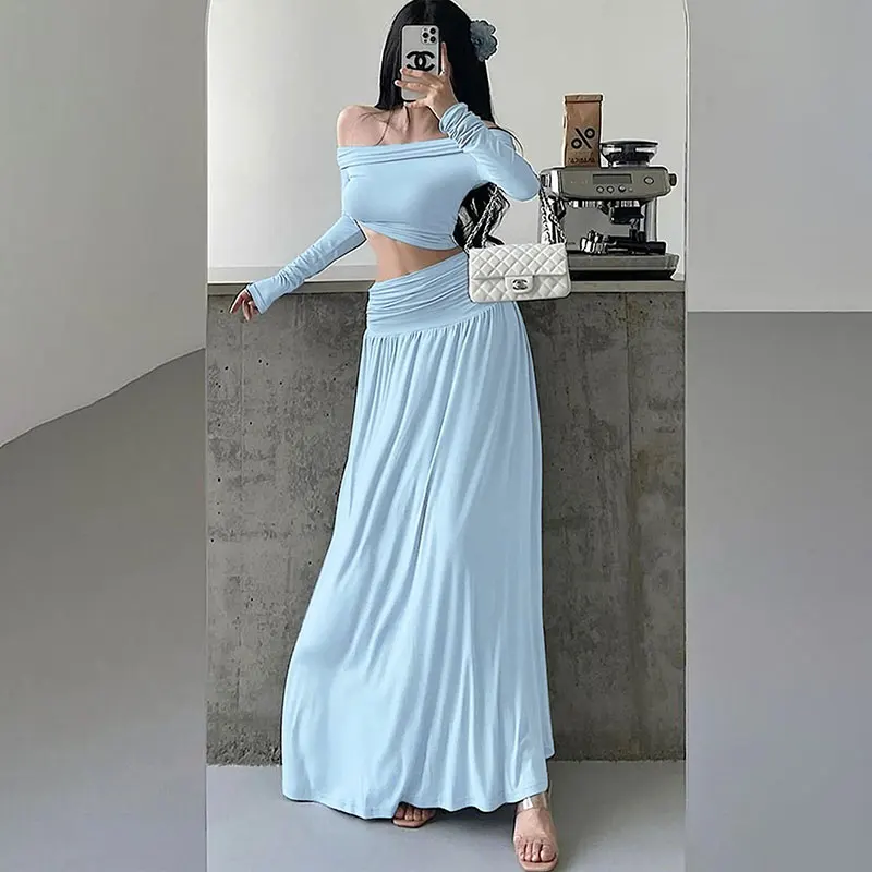 

Spring New Women 2 Piece Fashion Long Sleeves Strapless T-shirt Solid Sexy Casual Slim Trousers Elegant Lady Knitted Clothing
