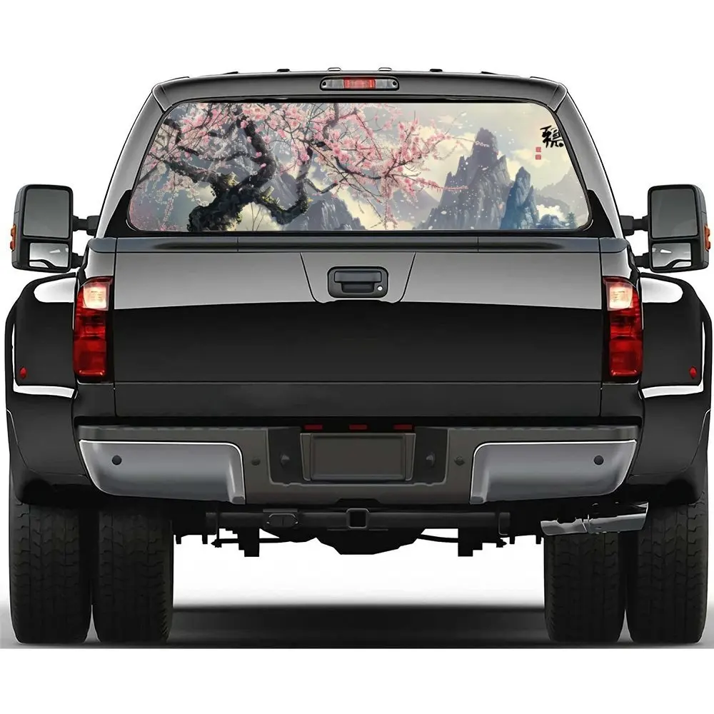 

Snow Mountain Pink Cherry Blossoms Car Rear Windshield Sticker Truck Window Perforated Rear Window Vinyl Wrap Decal Decor Gift.