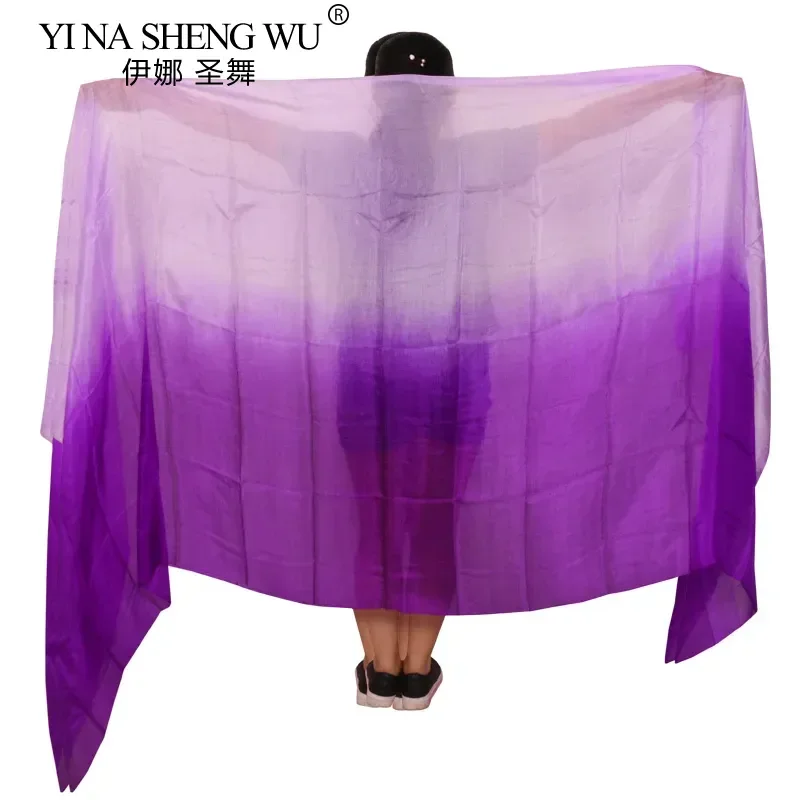

1 шт., реквизит для танца живота, женская танцевальная вуаль из натурального шелка 250/270*114 см, шелковая вуаль для танца живота с градиентом фиолетового цвета + светло-фиолетовый танцевальный реквизит