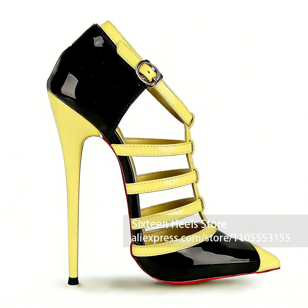 

16cm Cage Style Pumps Sexy Style Lacquered Heel High Heels Color Blocked Handmade Summer Stilettos for Women Pointed Toe Pumps