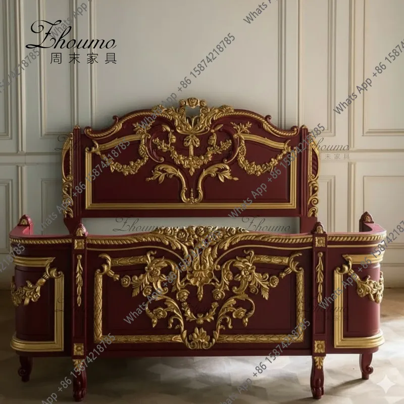 French retro carved solid wood double bed antique master bedroom single bed neoclassical guest bedroom villa wedding bed