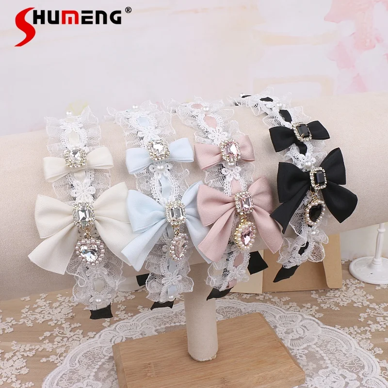 

Japanese Mine Style Handmade Lolita Headwear Lace Bow Heart Crystal Beads Sweet Cute Versatile Headband Women Hair Accessories