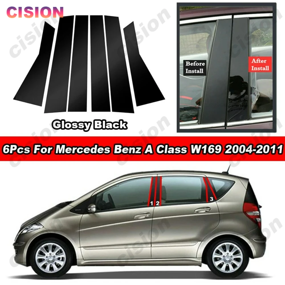 Glossy Black Carbon Fiber Chrome Mirror Door Middle B C Pillars Trim Cover for Mercedes-Benz A Class W169 Window Column Sticker