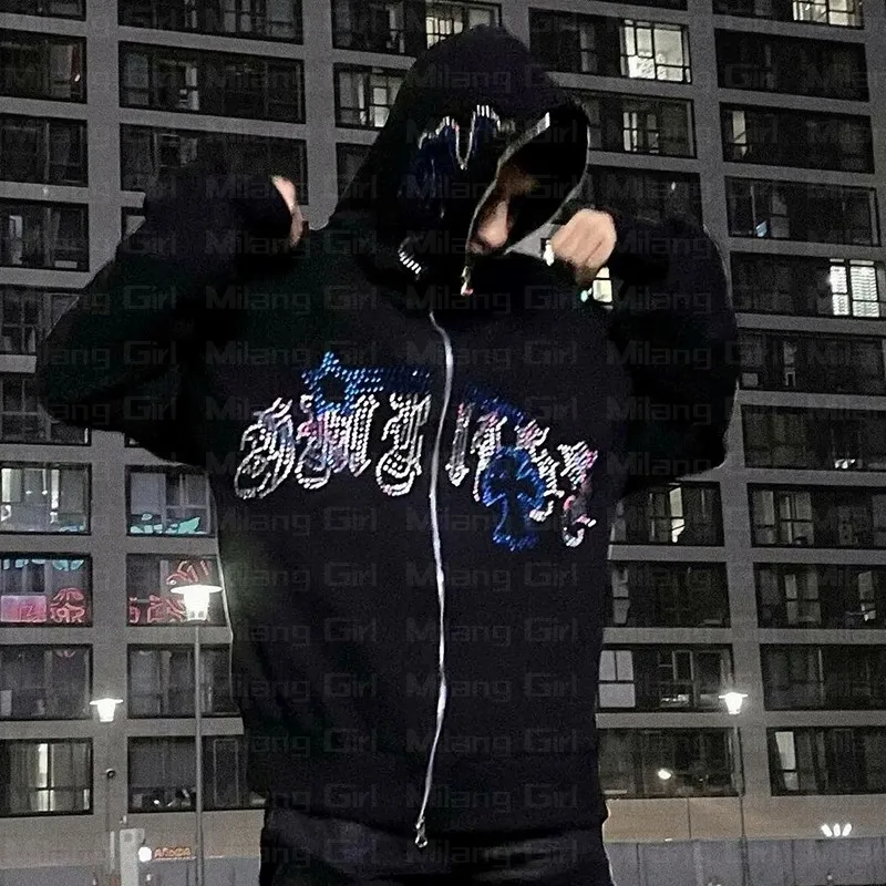 Men Y2K Fashion Hoodie Rhinestones letter graphics Print Zip Hoodie clothes Hoodies Goth Long Sleeve Sweatshirt Oversized Top