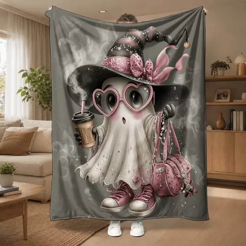 Cute Fashion Ghost Witch Hat Flannel Throw Blanket, Coffee Cup Handbag Sneaker Element Soft Cozy Blanket