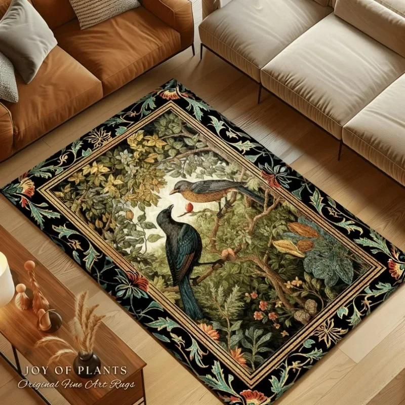 Woodland Birds Cottagecore Rug Bedroom Decor William Morris Inspired Victorian Room Dark Academia Style Rug Mystical Home Accent