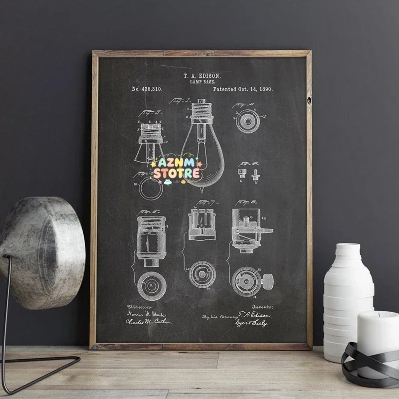 1PC  Edison Lamp Base Patent Prints Thomas Edison Bulb Wall Art Posters Lighting Decor Vintage Blueprint Gift idea Wall Decor