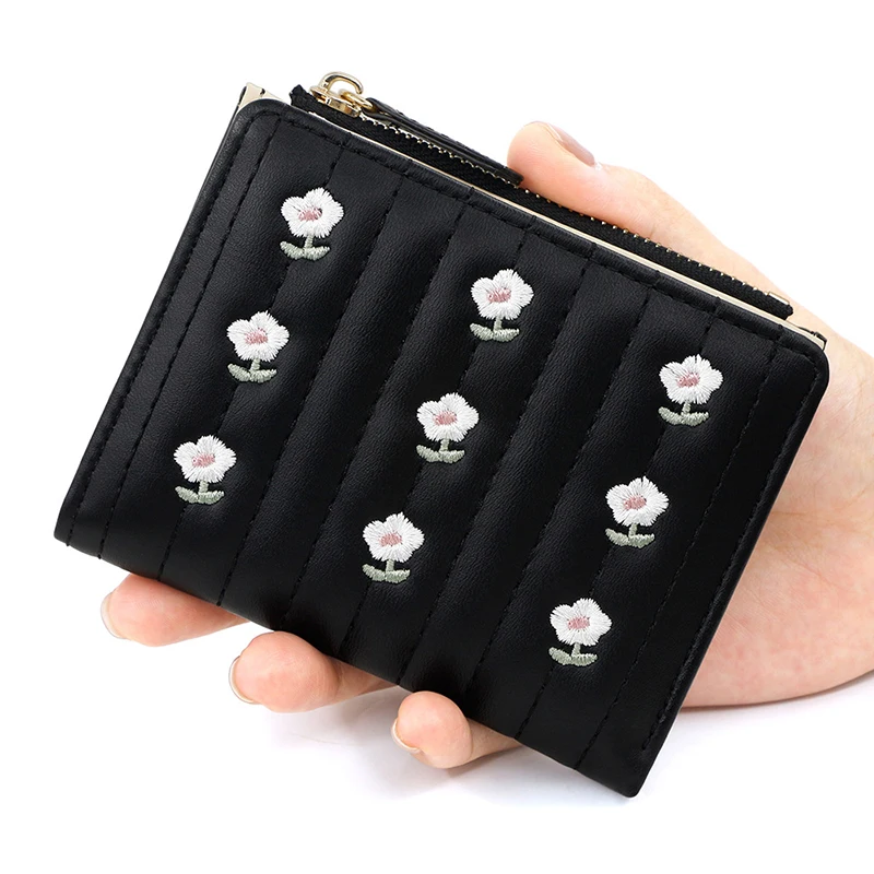 

Leather Short Wallet Women Mini Zipper Money Bag Female Solid Color Embroidery Flower Card Holders Girls Large Capacity Purse