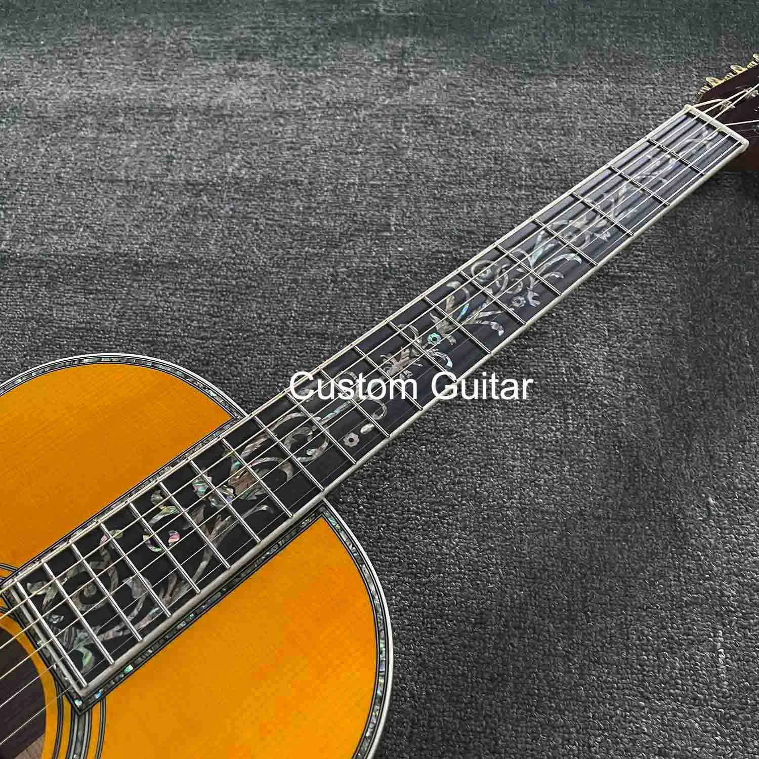 Custom OO Shape Solid Rosewood Back Side Acoustic Guitar in Yellow Finish Slotted Headstock Vintage Tuner