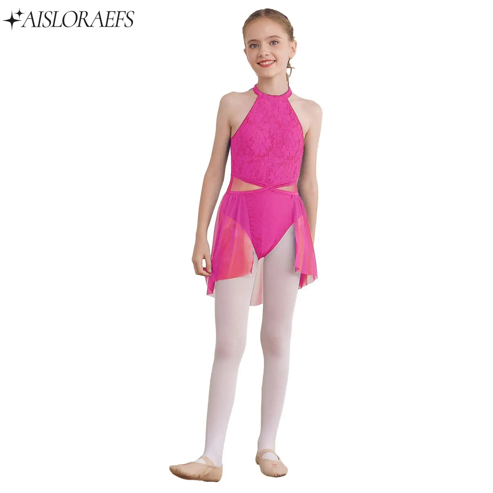 

Kids Girls Ballet Jazz Dance Dress Sleeveless Lace Floral Straps Hollow Back Irregular Hem Dance Leotard Fancy Party Wear