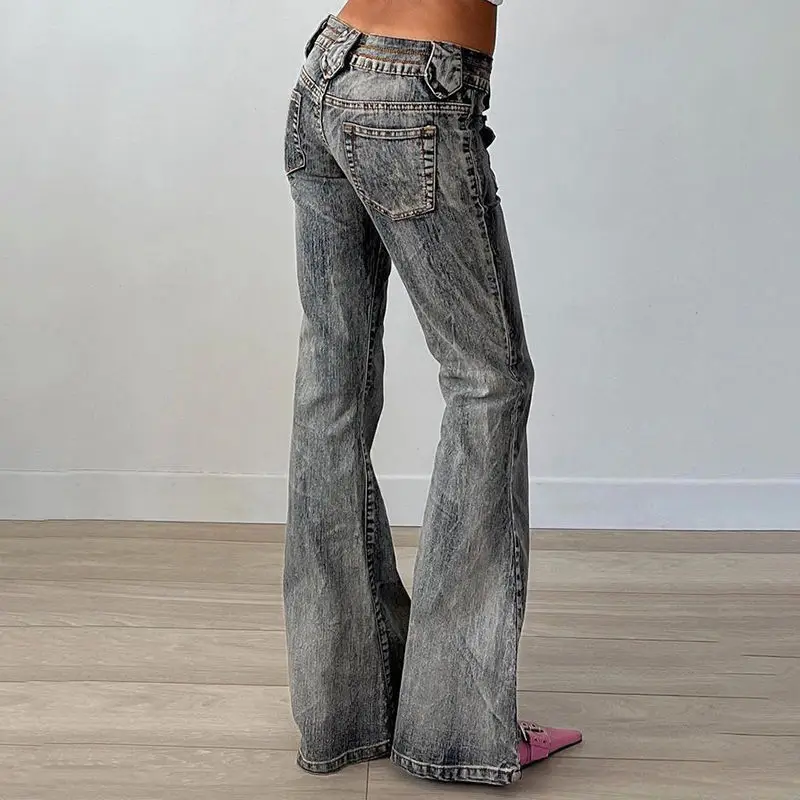 DistMurcia-Jean Bootcut Taille Basse en Denim Délavé Vintage, Pantalon Évasé avec Poches Patchwork, Slim Fit et Polyvalent Slim Fjj