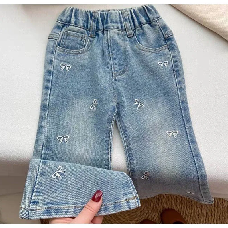 

Baby Girls' Autumn Blue Jeans Sweet Bow Embroidered Bellbottom Pants Fashion High Waist Slim Denim Trousers 0-7Years Old