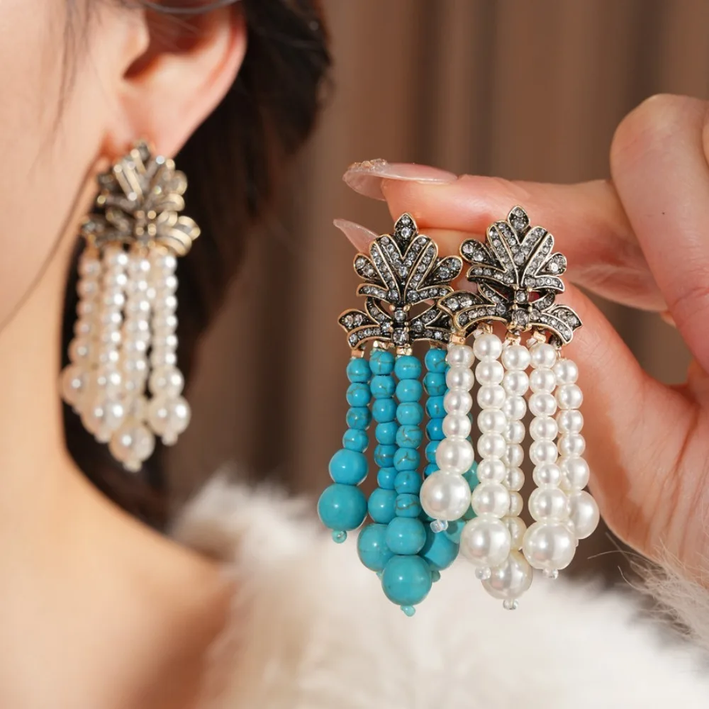 Luxury Vintage Gold Tone Inlaid Zircon Leaf Multi Strand Imitation Pearl Tassel Dangle Earrings for Women Formal Banquet Jewelry