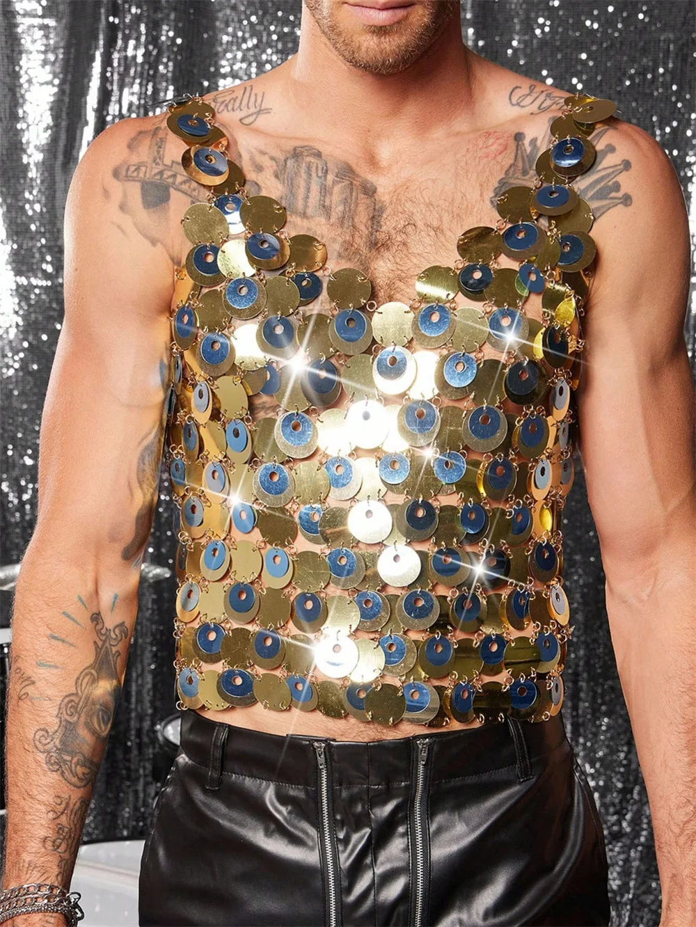 2026 Gold Sequin and Metallic Ring Backless Top Men Summer Sleeveless Muscle Top Body Chain  Streetwear Performance Costume