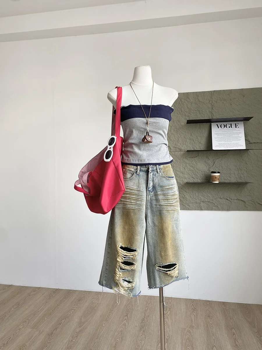 

American High Street Vintage Ripped Wide Leg Jeans Women Summer mid Length Loose Straight Five Seven Pants Trendy Casual High...