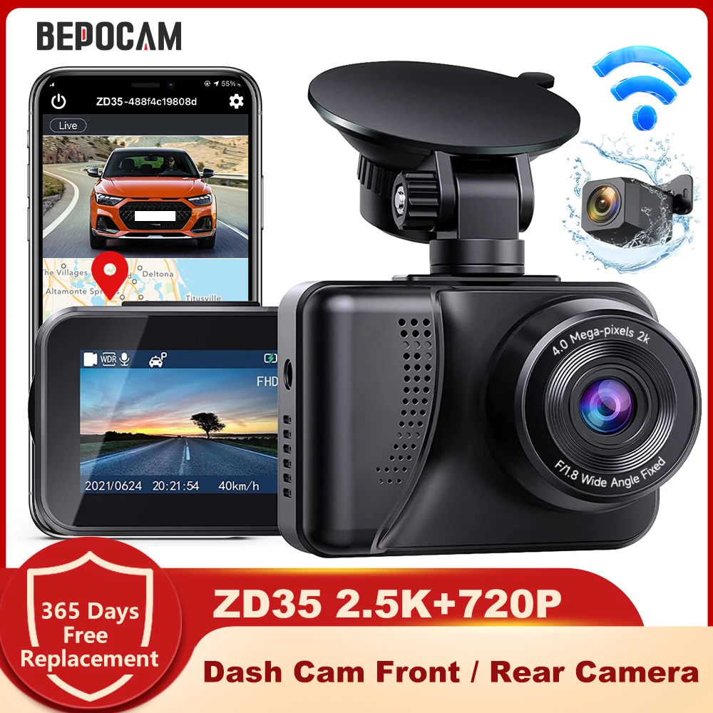 BEPOCAM 2 Channel Dash Cam 2.5K+720P Wifi GPS Black box Rear Camera Motion Detection Video Recorder Car Dvr Recording Dashcam