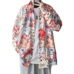 Camisa informal de manga larga para hombre, blusa con estampado completo de gato de dibujos animados, ropa Harajuku, Tops de moda urbana, primavera 2023