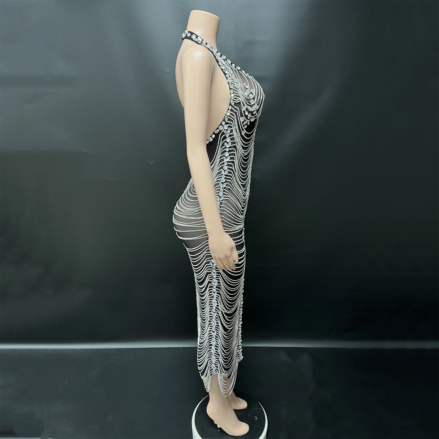 Evening Dress Sexy Rhinestone Chain Hanging Neck Party Dress Nightclub Bar Performance Costumes Women Gogo Dancers Dress DN21192