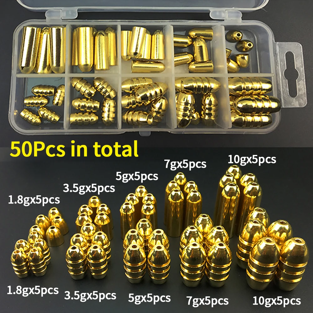 50Pcs Brass Fishing Weights Bullet Sinkers Sliding Slip Sinker Worm Weights Texas Carolina Rig Fishing Weights Kit 1.8g-10g