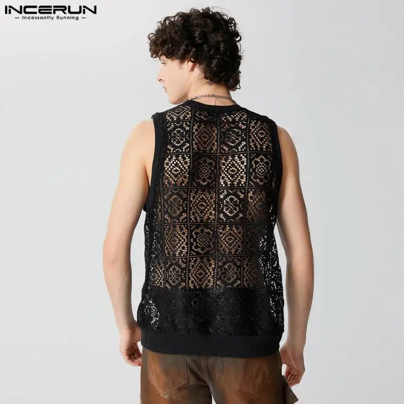 2024 Men Tank Tops Solid Lace Hollow Out O-neck Sleeveless Male Vests Summer Transparent Streetwear Fashion Men Clothing INCERUN