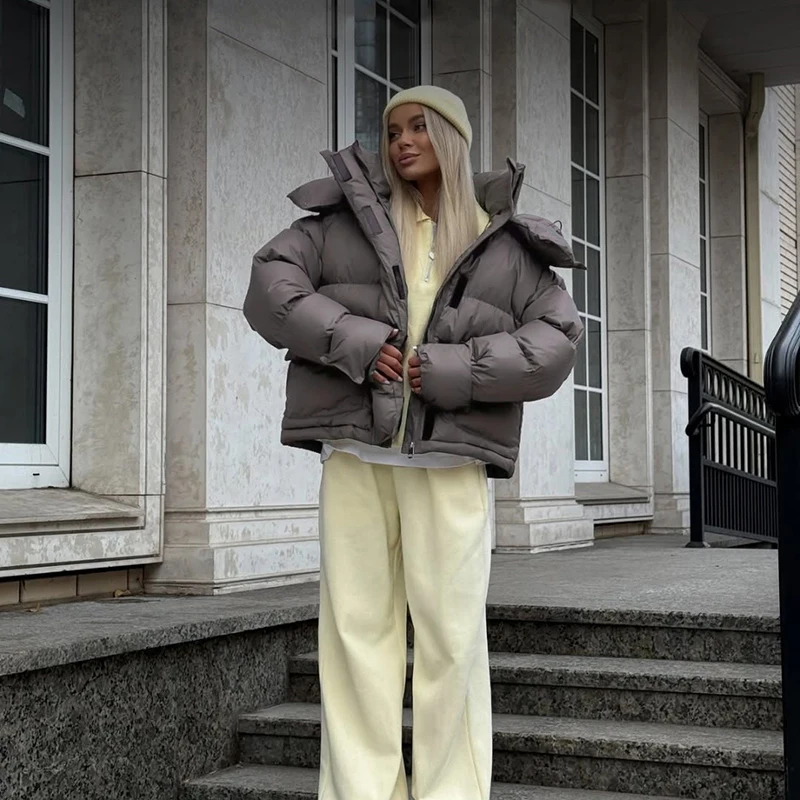 Kapuzenjacke mit Großen Taschen, Übergroße Gefütterte Jacken für Damen, Street-Style, Stehkragen, Lange Ärmel, Reißverschluss, Einfarbig, Lose Pufferjacken, Neue Oberbekleidung – Detail 2
