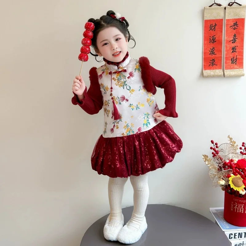 Girls' Winter Dress2026New Style Children's Girl Baby Red Koi Chinese Style Cheongsam Dress New Year Outfit