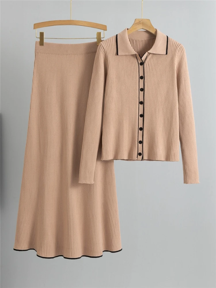 

Корейский дизайн, вязаные комплекты из 2 предметов, женский однобортный вязаный свитер, кардиган, топы, Conjuntos, однотонные юбки с высокой талией, новый наряд