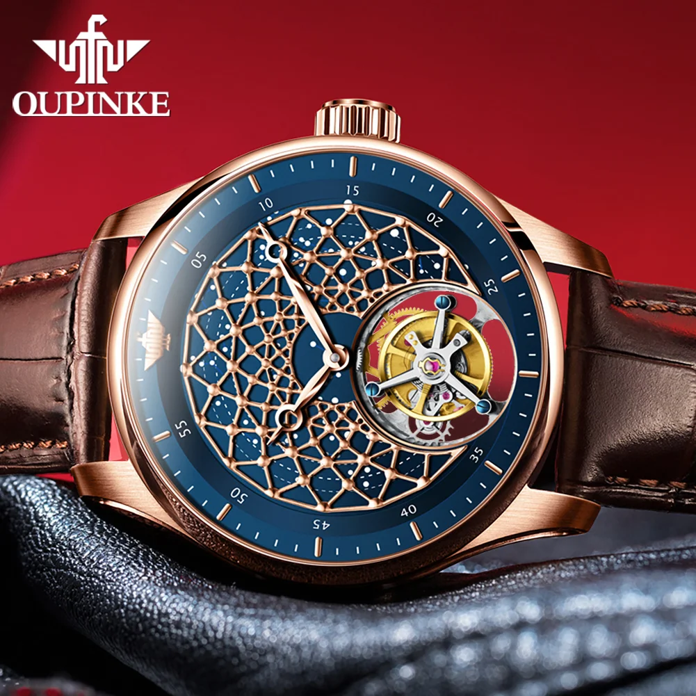 

Мужские часы OUPINKE 8002 Tourbillon: элитный люксовый бренд, кожаный ремешок, сапфировое стекло, скелетонизированный механизм, механические часы с инерционным маховиком