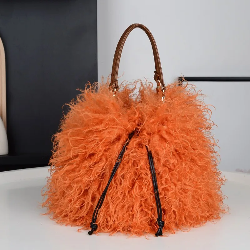 

Fluffy Fringe Bucket Bag for Women Fashionable Minimalist Punk Drawstring Handbag Soft Plush Material Cute Boho Crossbody Purse