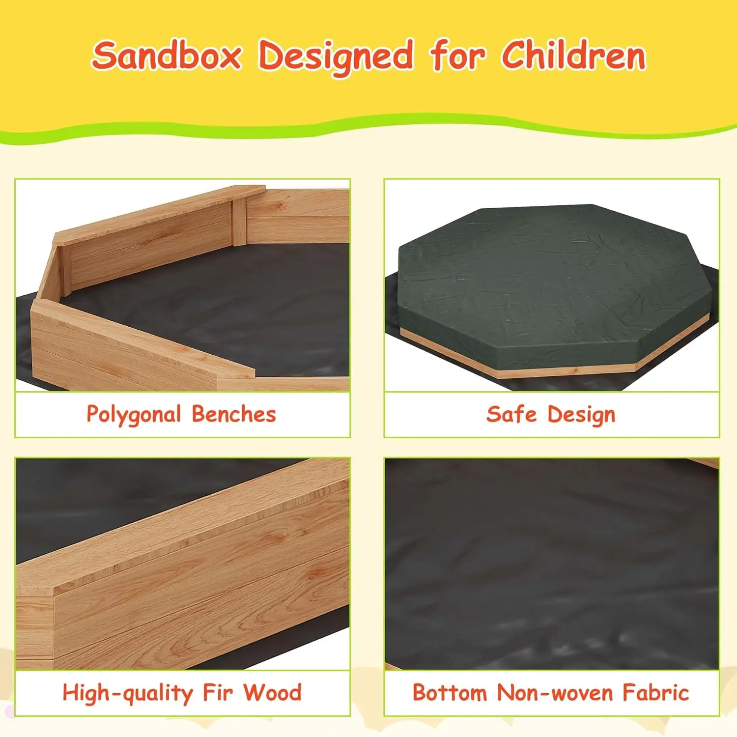 صندوق رمل مثمن خشبي مع غطاء ، صندوق رمل خارجي ، 4 مقاعد ، غطاء نايلون ، بطانة سفلية ، حفرة رمل كبيرة للأعمار 3-8 سنوات