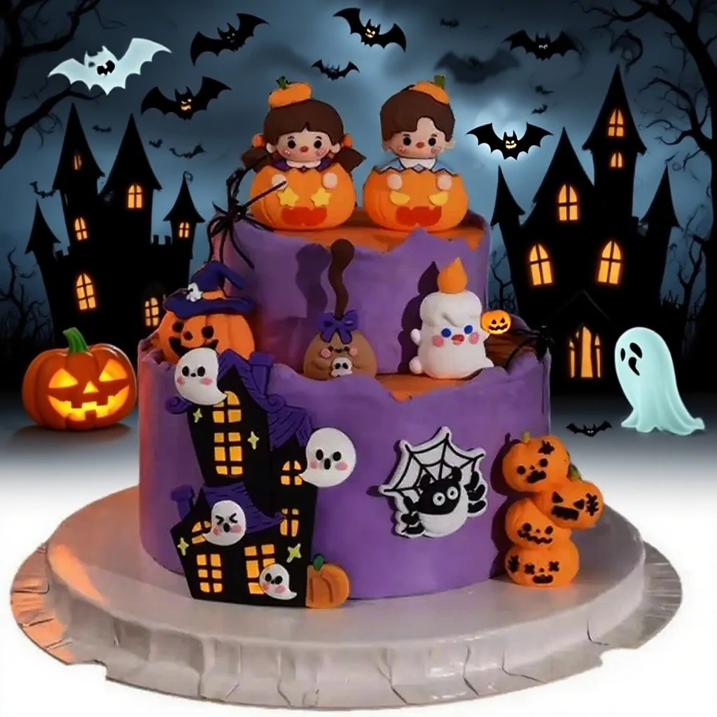 Halloween-Kuchen-Cupcake-Topper – Kürbis-Junge-Mädchen-Geisterschloss, Spukhaus-Dekoration für Partyzubehör und lustige Puppen