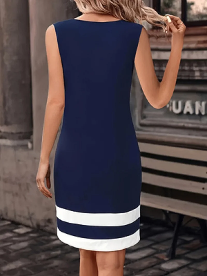 Solid Color Sleeveless Round Neck Contrast Striped Hem Straight Dress Commuting Simple Elegant Slim-fit Midi A-Line Dress