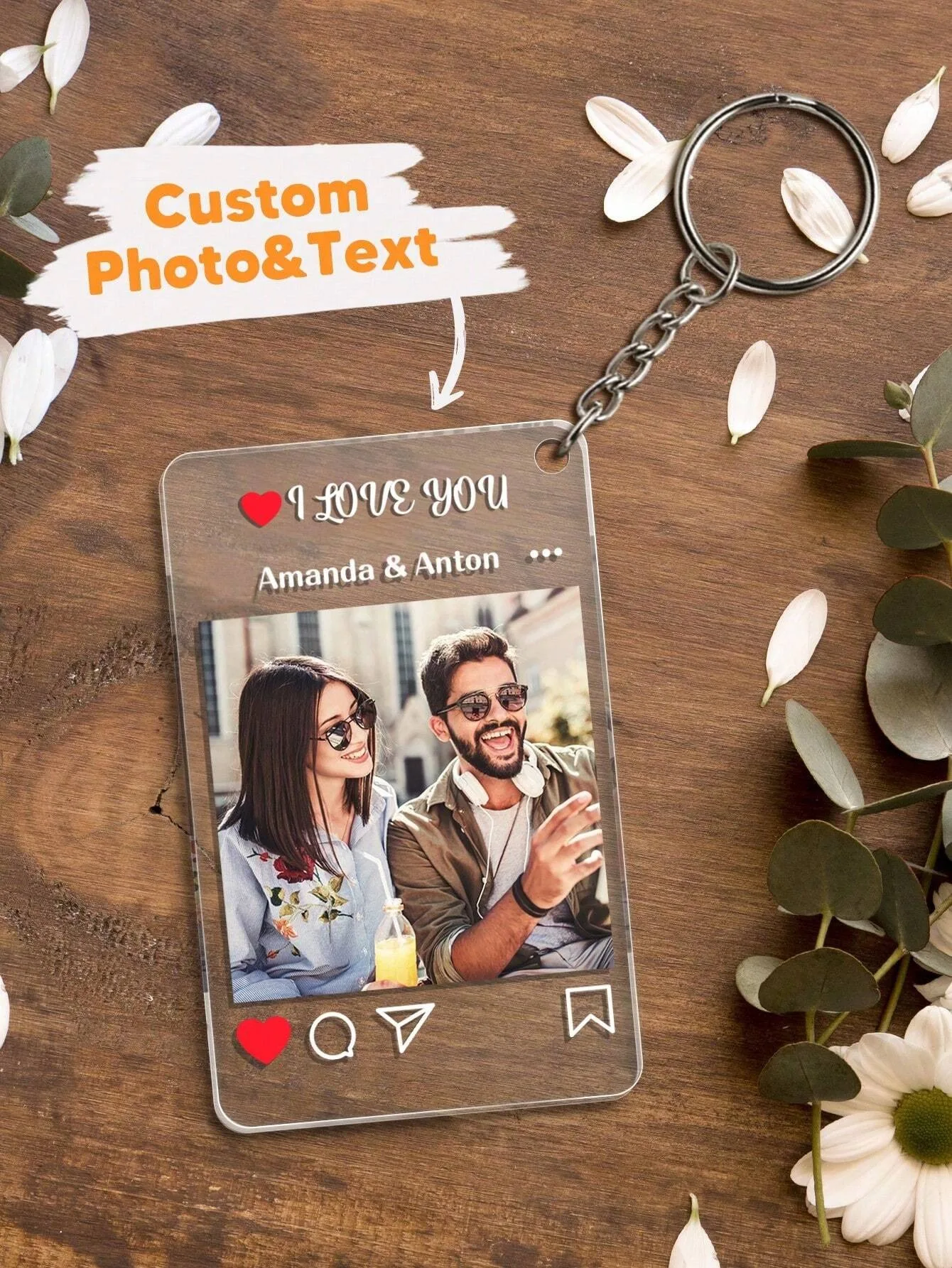 Custom Couple Photo And Text Keychain, Custom Couple Picture Keychain, Personalized Photo Keychain With Text, Custom Couple
