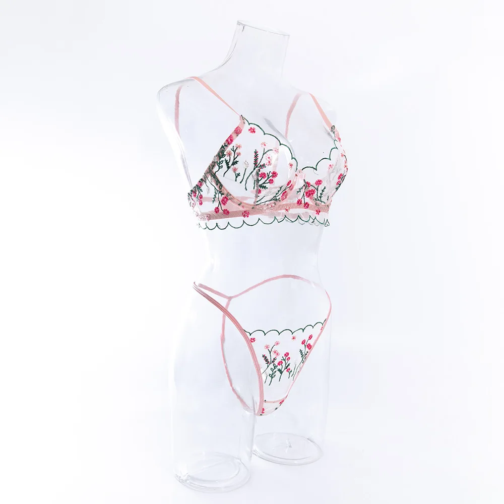 

Fairy Lingerie 2-Piece Floral Lingeries Set Women's Embroidery See Through Boho Bra + Thong Underwear Set Intimates