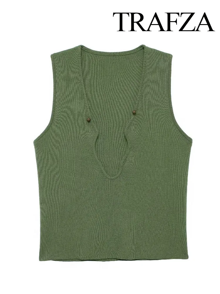 

TRAFZA Summer Women Fashion Vest Tops Green Solid V-Neck Sleeveless Pullover Sweater Top Female Knitting Waistcoat Tops Mujer