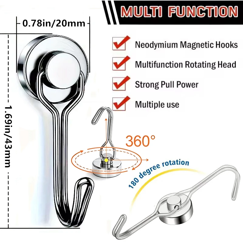 2/6/10/20Pcs 360°Swivel Strong Magnetic Hooks Heavy Duty Magnets No-drill Portable Hook Hanger for Refrigerator Kitchen Lockers