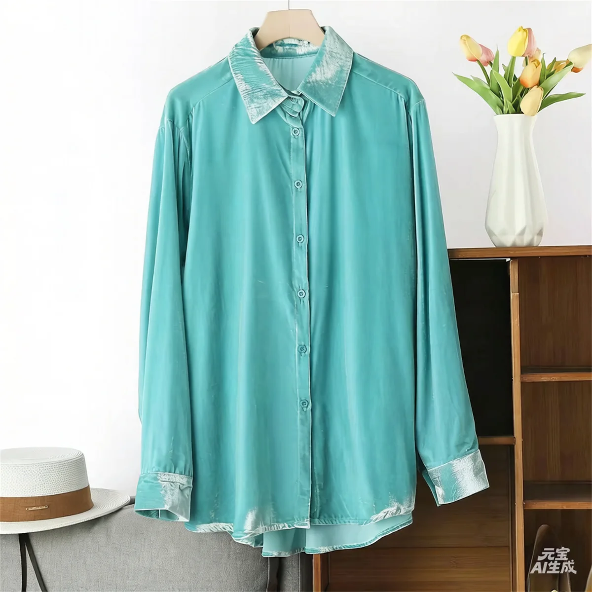 Blusa Vintage para Mujer, Camisa de Terciopelo de Manga Larga, Estilo Coreano Informal y Holgado, Nueva Moda de Otoño, Top Informal con Estilo